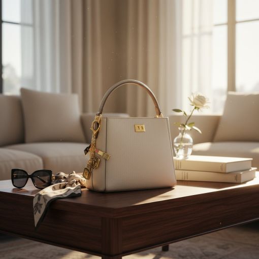 Weiße Lederhandtasche mit Charms und Schal auf Holztisch