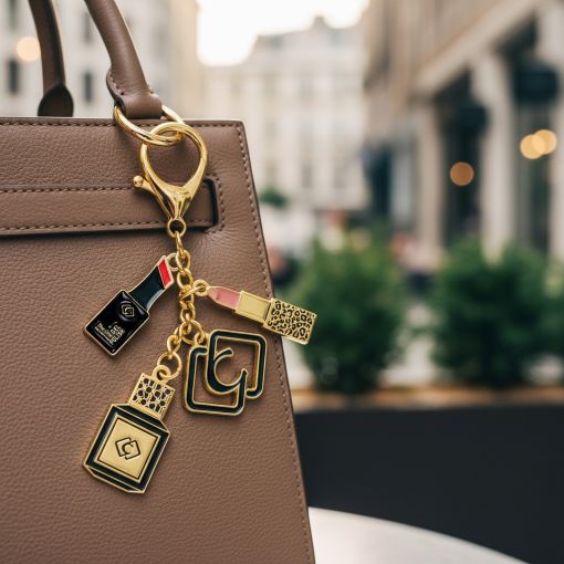 Schicker Taschenanhänger mit Lippenstift und Parfüm an braun