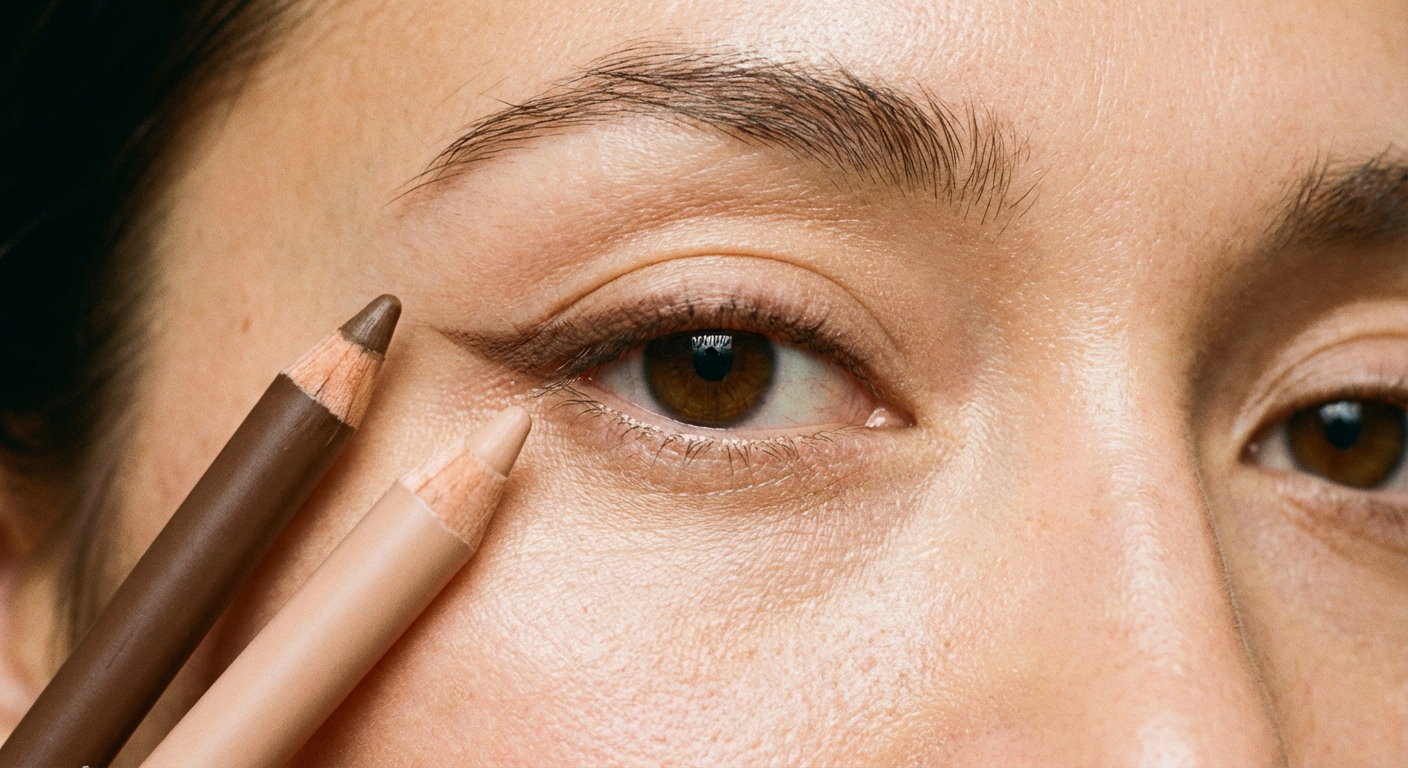 Nahaufnahme Auge mit braunem und nudefarbenem Kajalstift