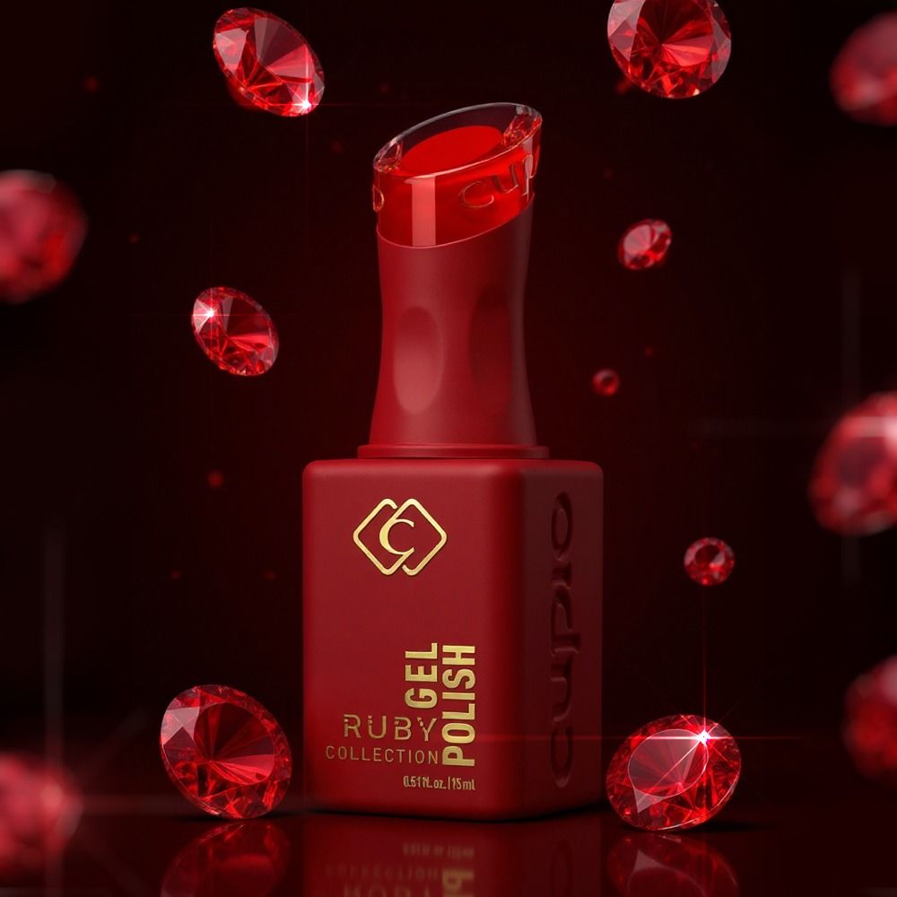 Flasche roter Gel Nagellack umgeben von roten Rubinen