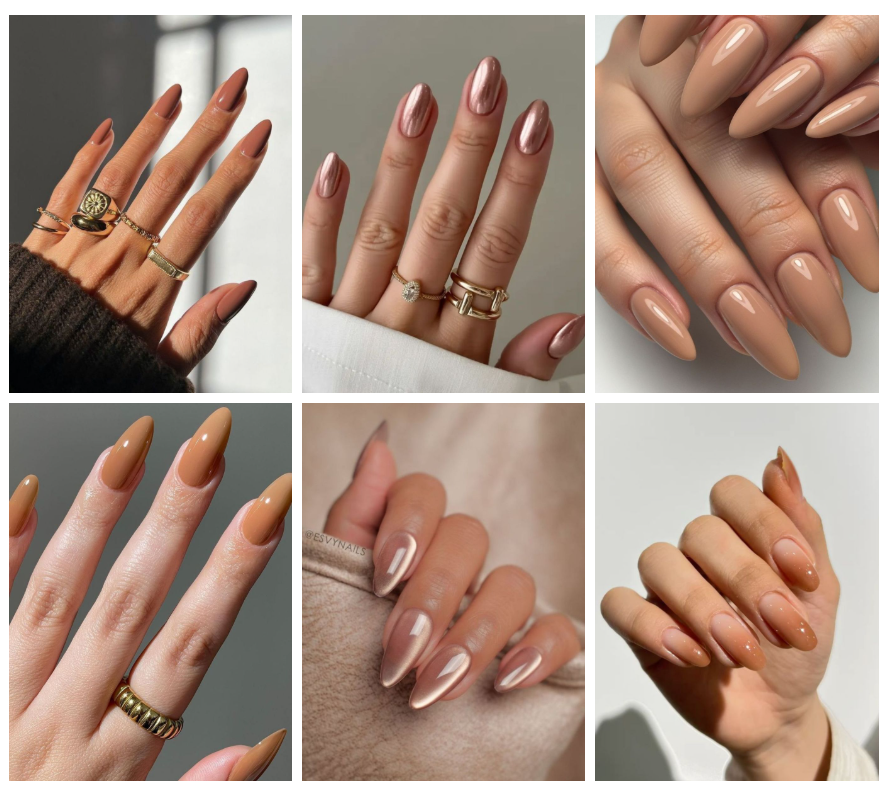 Collage mit Nude Almond Nails Maniküre und Goldringen
