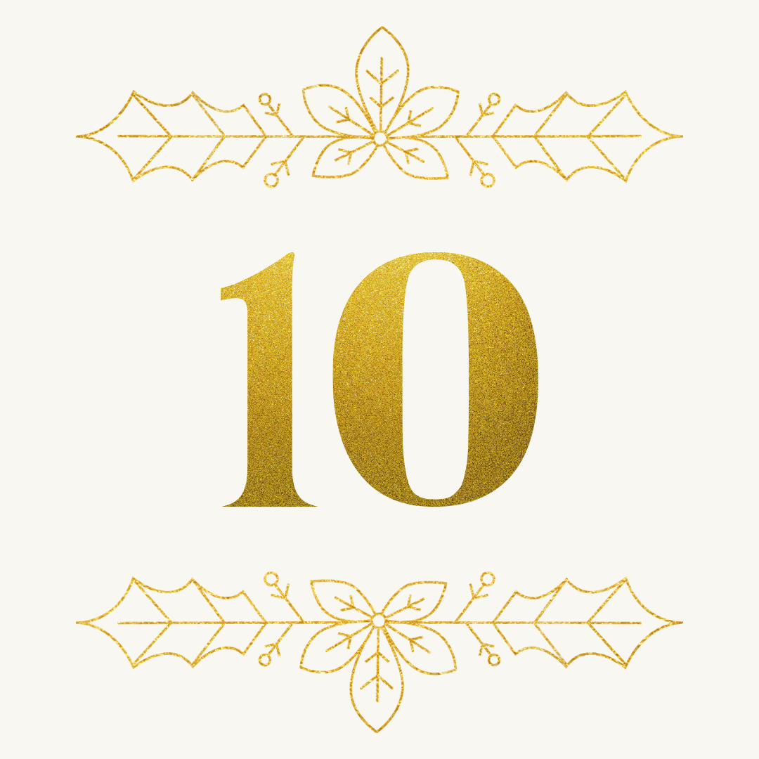 Goldene 10 mit weihnachtlichen Ornamenten