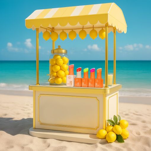 Blick auf einen farbenfrohen Zitronenstand mit Getränken und frischen Zitronen am Strand