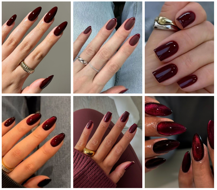 Nahaufnahme bordeauxroter Gelnägel in verschiedenen Formen