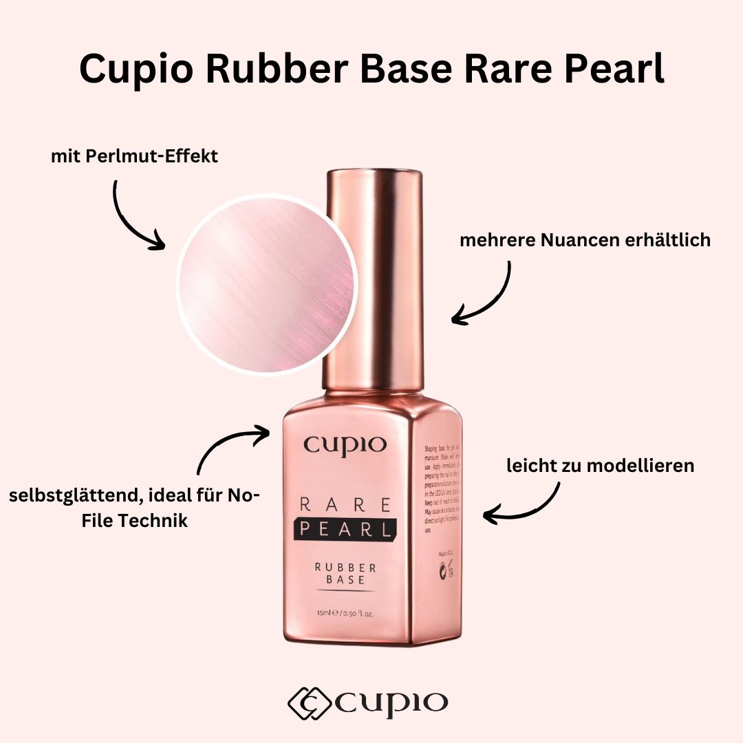 Rubber-Base-Rare-Pearl Cupio Rubber Base Rare Pearl in rosa Flasche, ideal für No-File Technik und mehrere Nuancen erhältlich.