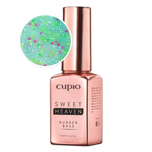 rubber_base_sweet_heaven_celeste_blue_c7477 Cupio Sweet Heaven Rubber Base Nagellack in 15ml, grün mit bunten Glitzerpartikeln
