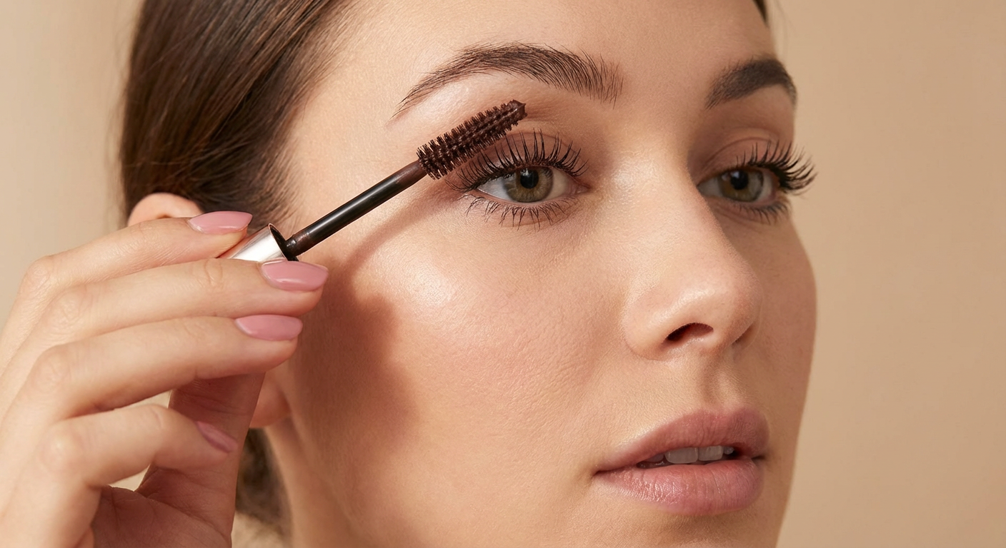 Frau trägt braune Mascara für definierte Wimpern auf