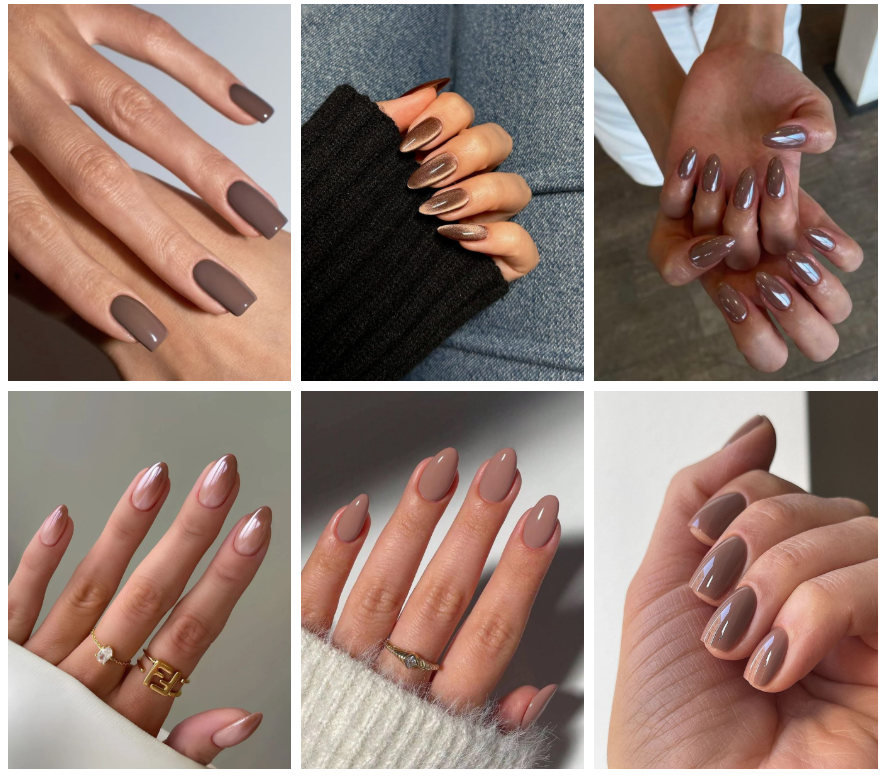 Collage mit braunen Gelnägeln in unterschiedlichen Designs
