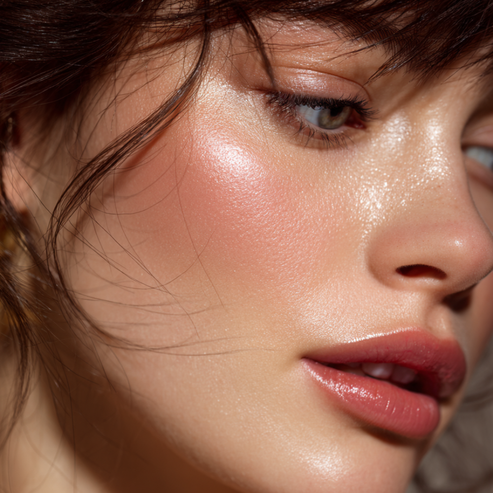 Frauengesicht mit leuchtender Haut und glänzendem Lippenstif