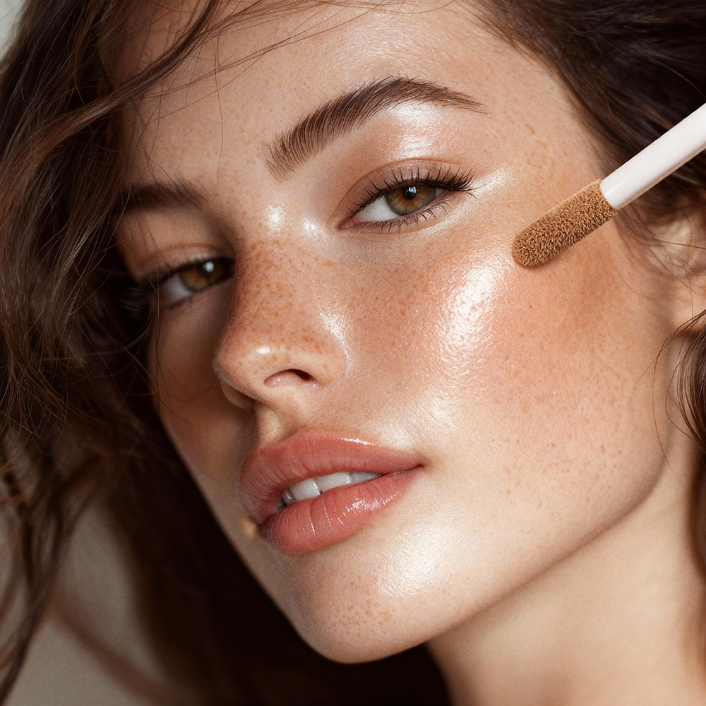 Frau trägt flüssigen Make-up Highlighter auf Wange auf