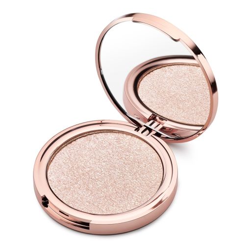 Hochwertiger Highlighter-Puder in rosegoldener Verpackung und Spiegel